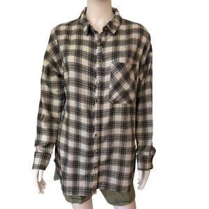 Hurley Mens Plaid Flannel Button Down Shirt Black White Raw Edge Fringe Size M
